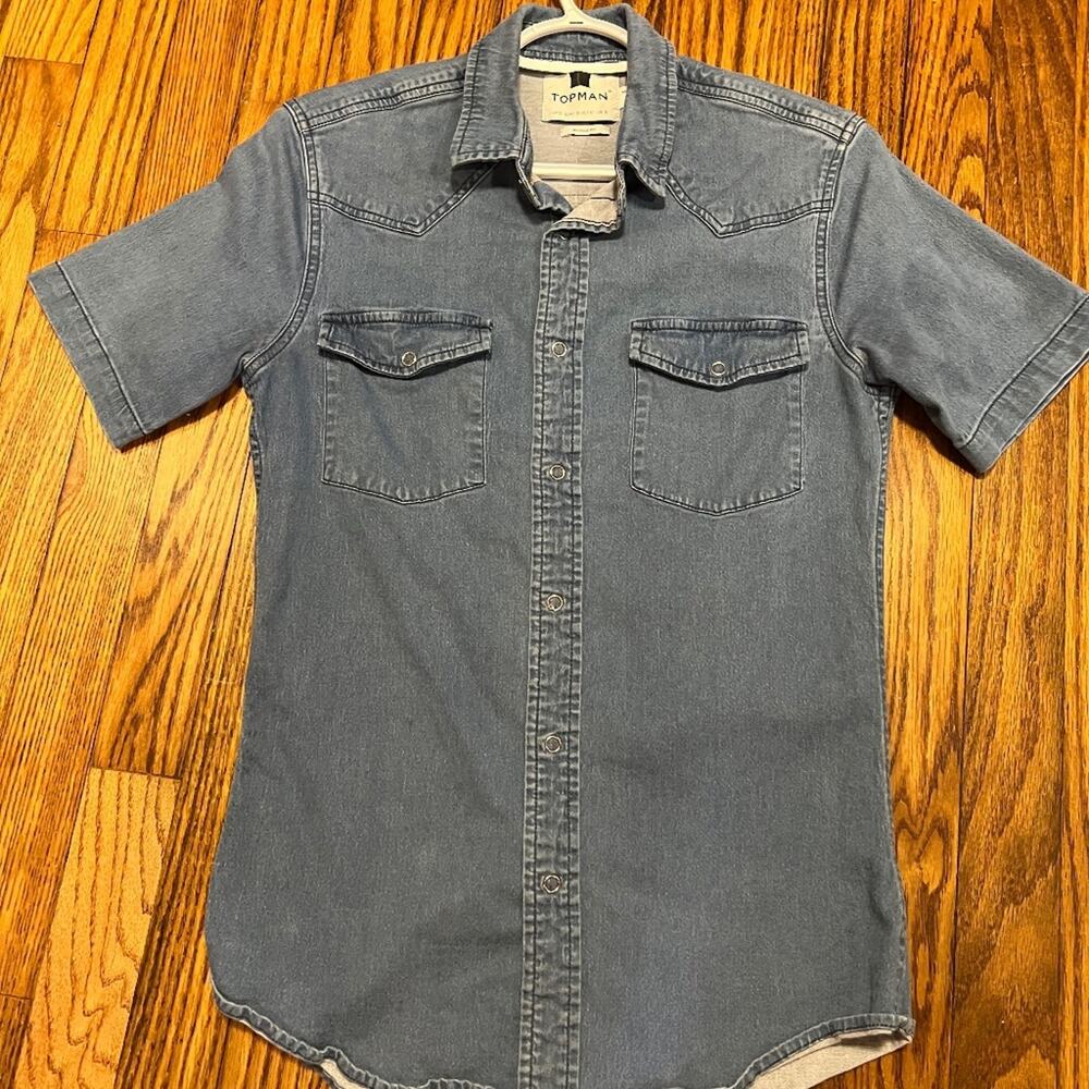 Topman Denim Short Sleeve Button Down Muscle Fit sz S